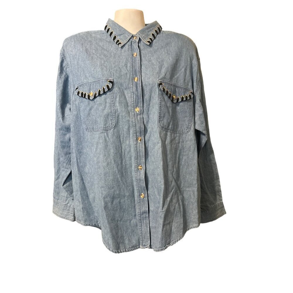 Vintage 80s Clodia Dee WhipStitch Denim Top LRG Long SLV Shoulder Pads Women NWT